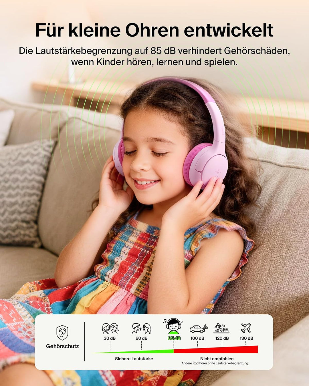 Belkin SoundForm Mini 2 kabelloser On-Ear-Bluetooth-Kopfhörer für Kinder, 55 h Laufzeit, Lautstärkeb