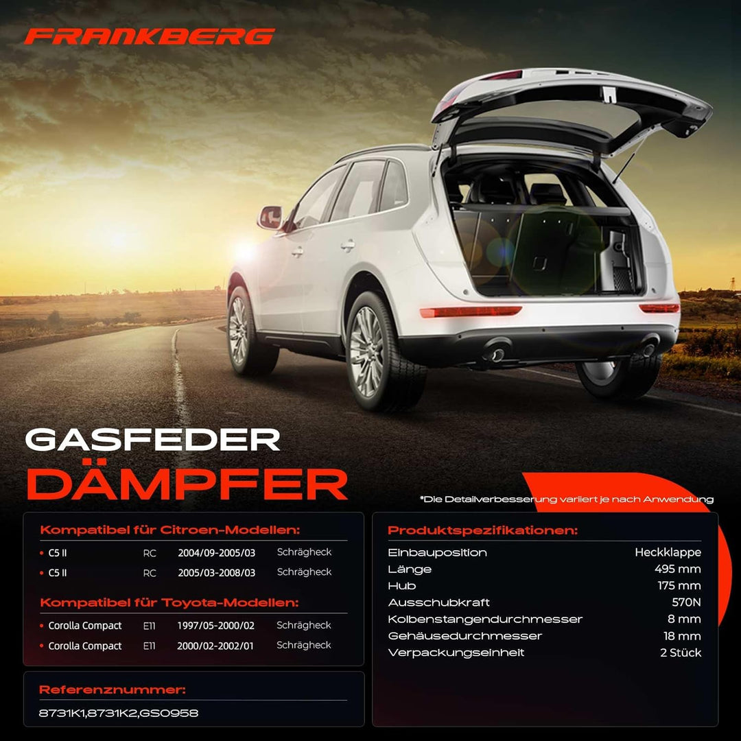 Frankberg 2x Gasfeder Dämpfer Heckklappe Kompatibel mit C5 II RC Schrägheck 2004-2008 Corolla Compac
