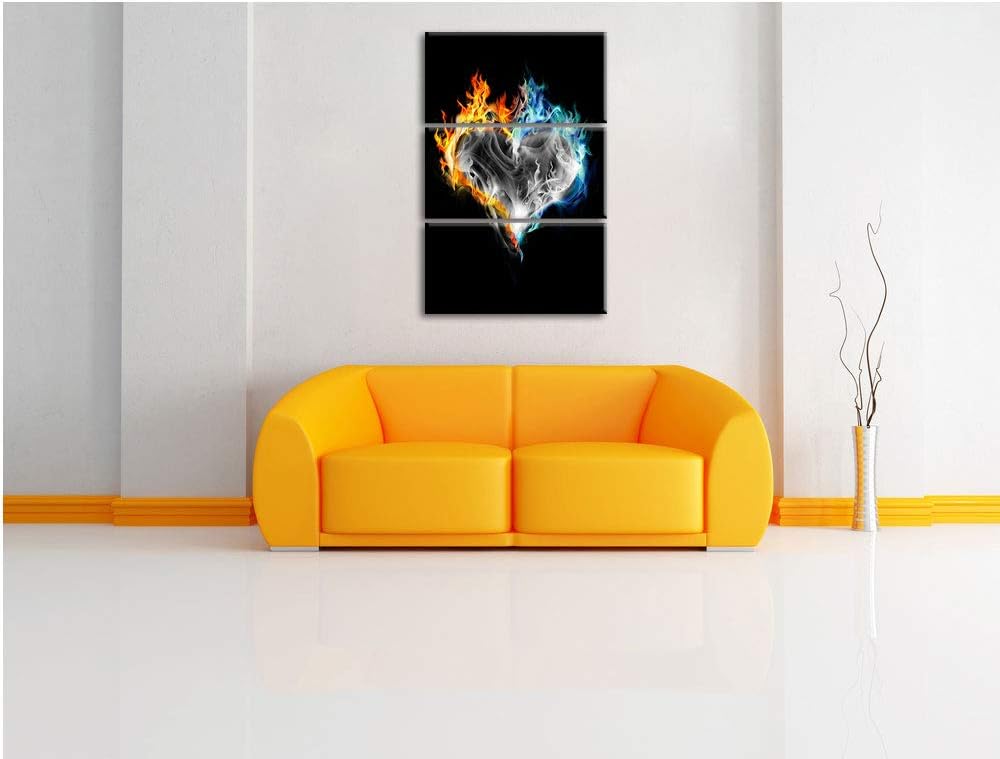 Dark brennendes Herz aus Feuer und Wasser schwarz/weiss 3-Teiler Leinwandbild 120x80 Bild auf Leinwa