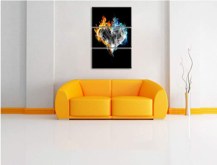 Dark brennendes Herz aus Feuer und Wasser schwarz/weiss 3-Teiler Leinwandbild 120x80 Bild auf Leinwa