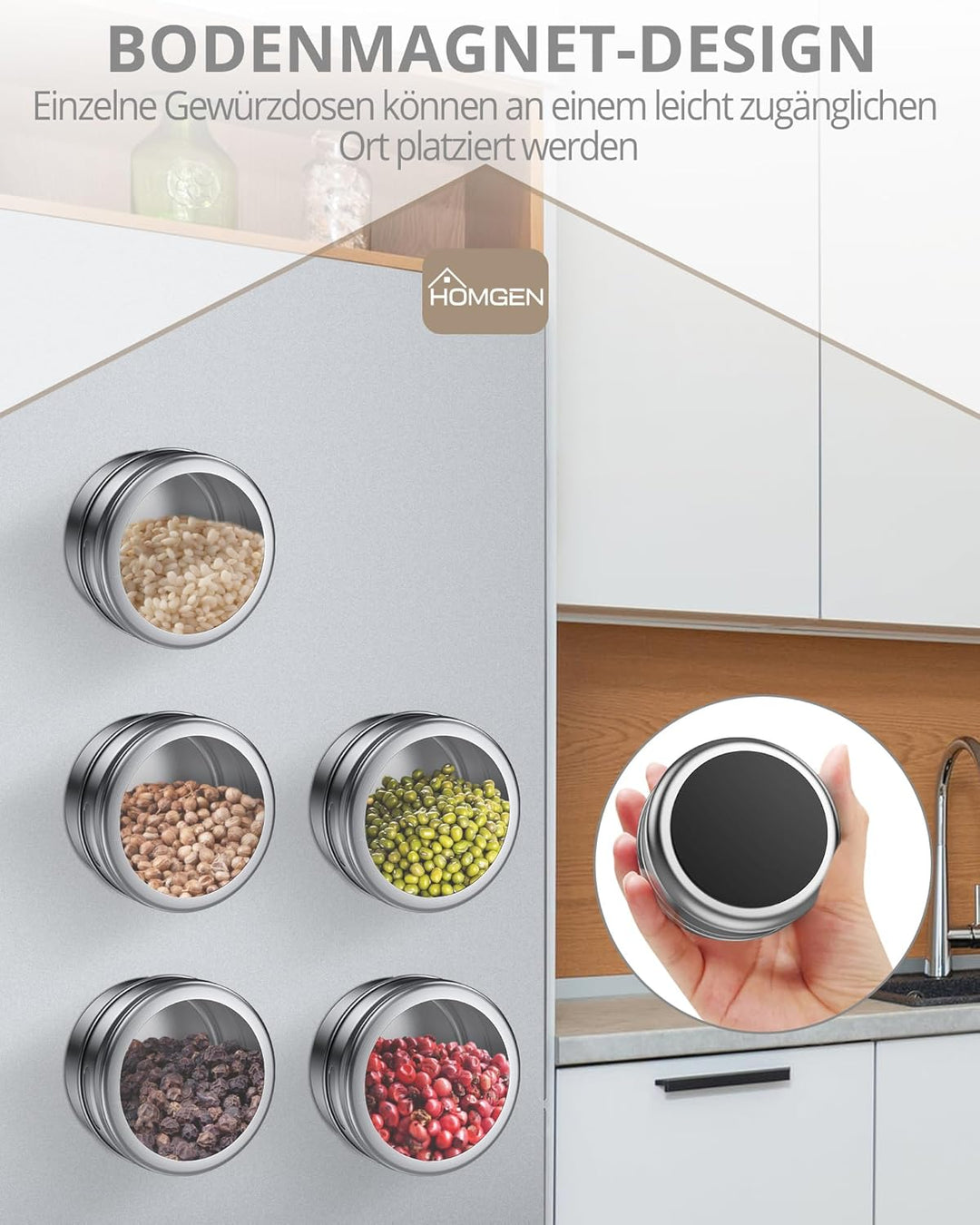 HOMGEN Gewürzdosen Magnetisch 12 Stück Edelstahl Gewürzgläser Set Magnet 100ml Gewürze Spice Jars Ma