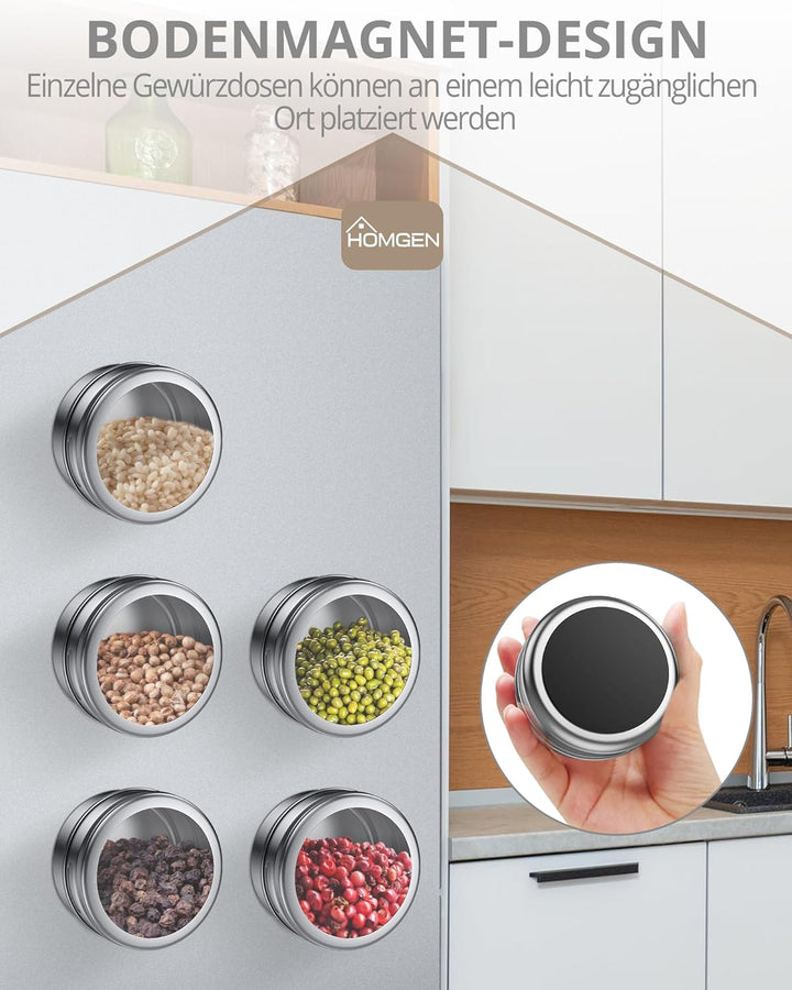 HOMGEN Gewürzdosen Magnetisch 12 Stück Edelstahl Gewürzgläser Set Magnet 100ml Gewürze Spice Jars Ma