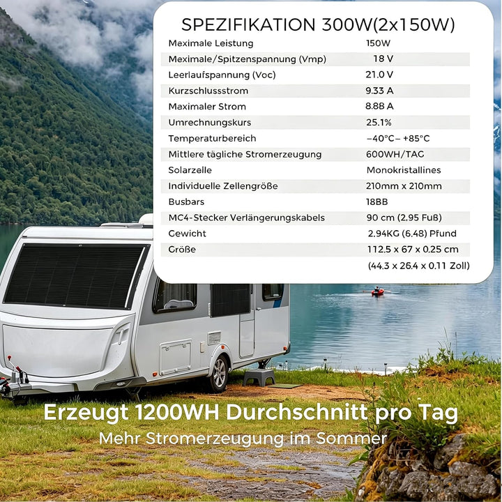 300W Flexibles Solarpanel, 2 x 150W Solarmodul Flexibel Wohnmobil | Schwarz Monokristallines für 12V