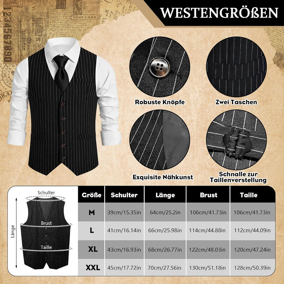 11 Stück 1920er Jahre Herren Gatsby Kostüm Set Weste, Beret, Krücke, Brille, Ärmelstülpe, Hosenträge