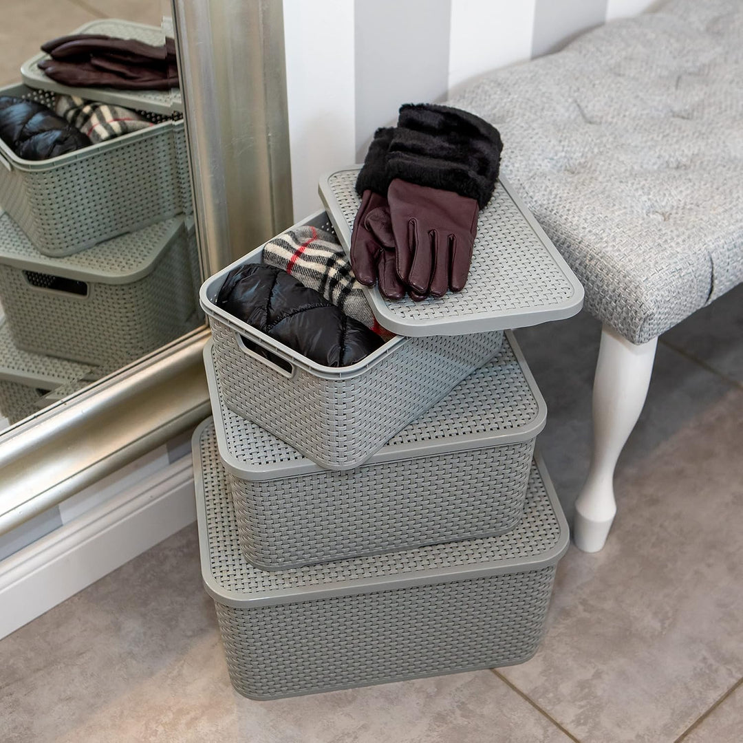 BranQ - Home essential Basket with Lid in Rattan Design Set of 2 Size M 10 L BPA-Free Plastic PP Lig