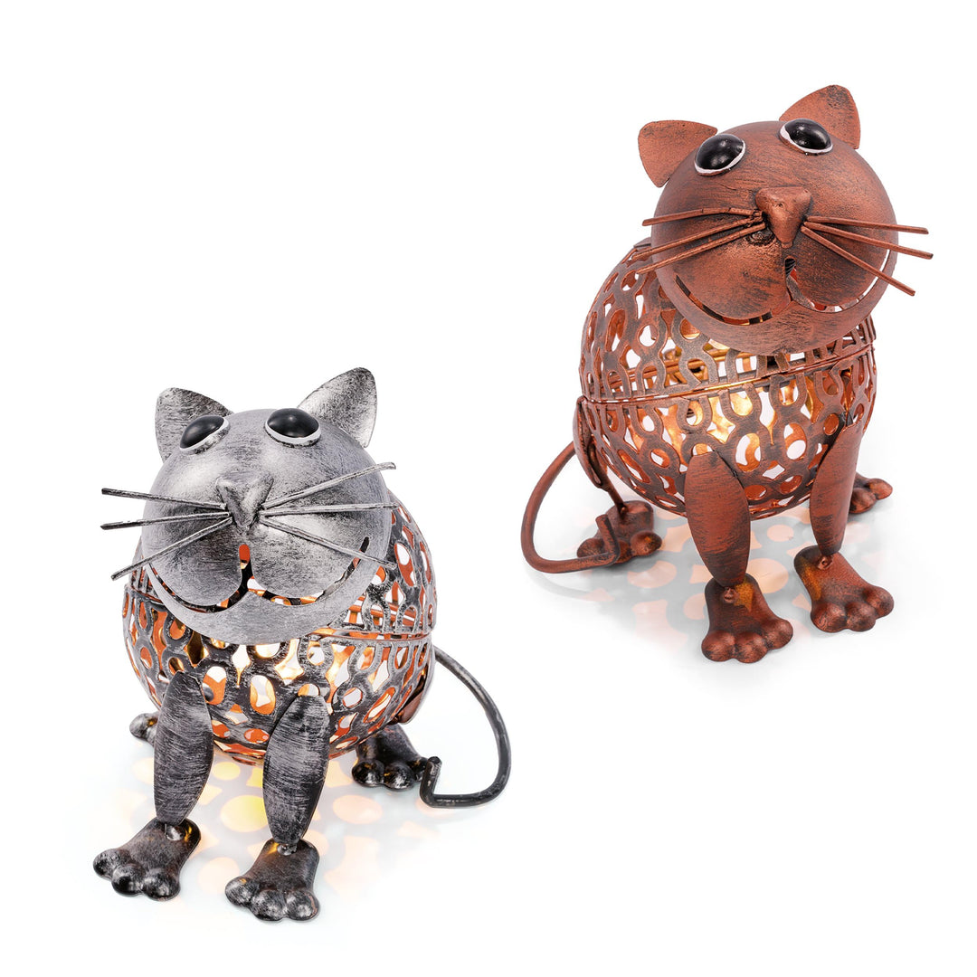 Esotec Solar Gartenfiguren Katzenpaar, Silber und kupferfarben, Metall, Akku, Solarmodul, Balkondeko