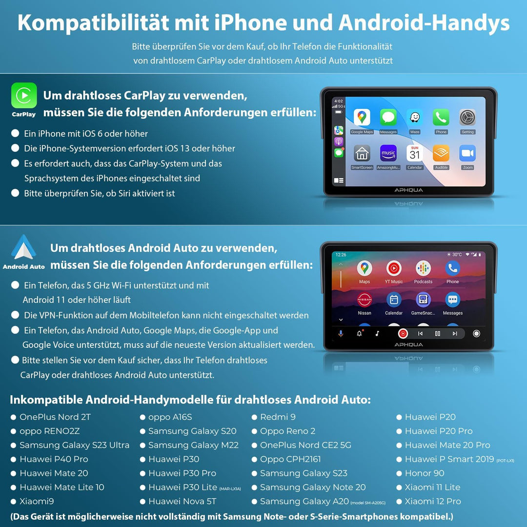 Kabelloses Carplay-Display für Motorrad, 7 Zoll wasserdichter Touchscreen, Tragbares CarPlay und And