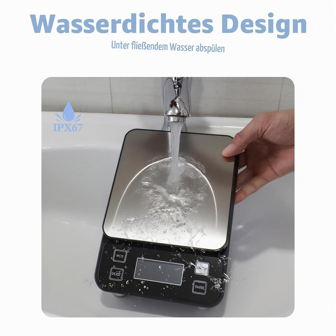Wasserdichte Küchenwaage IPX67, 10kg Digitale Küchenwaage Hohe Präzision 0,1g Genau, mit 10 Einheite