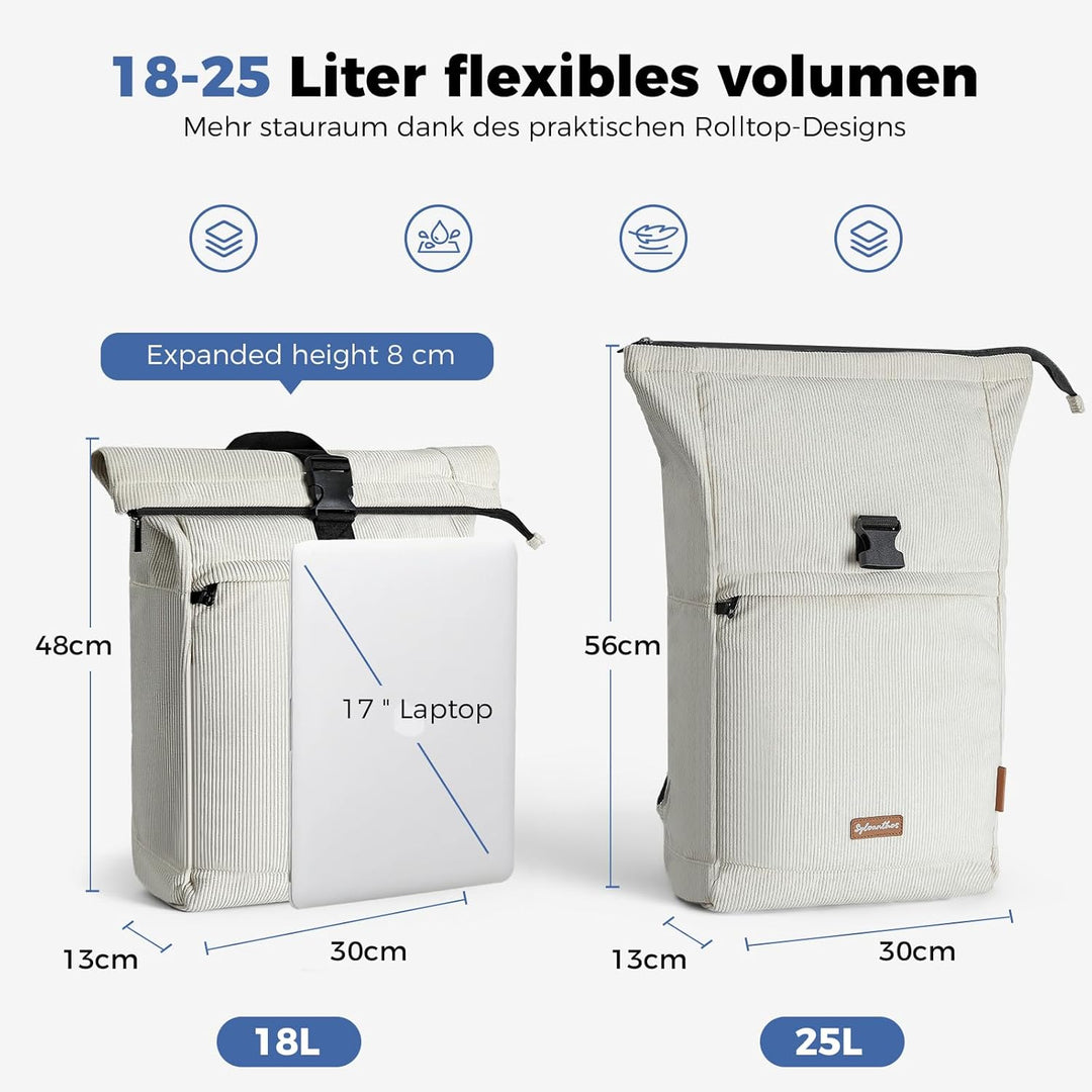 Cord Rucksack, Laptop Rolltop Rucksack für Herren & Damen Mit Diebstahlsichere Reissverschluss, Erwe
