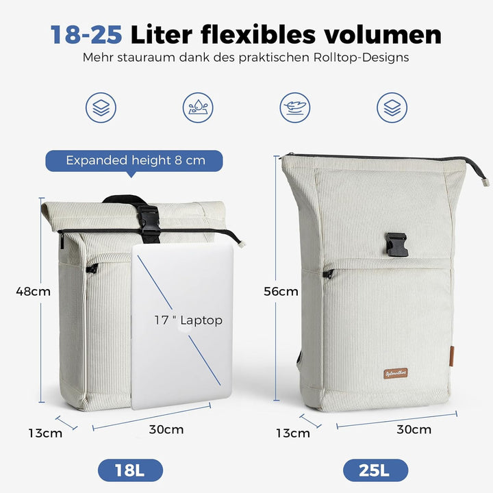 Cord Rucksack, Laptop Rolltop Rucksack für Herren & Damen Mit Diebstahlsichere Reissverschluss, Erwe