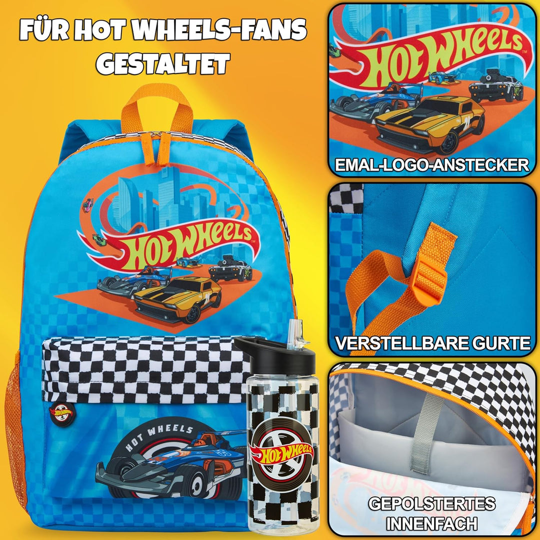Get Trend Hot Wheels Rucksack Kinder Set, Kinderrucksack & Trinkflasche, 500ml Schule Sport Freizeit