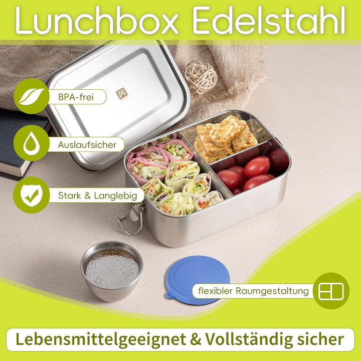 GOLDEN KEY Edelstahl Brotdose Kinder 800ml, Lunchbox Edelstahl mit Fächern Dichtung,Bento Box Edelst