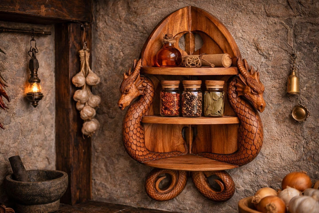 Windalf Hobbit-Style Drachen Eck-Regal DRACONI 70 cm mit 2 Ablagen Rustikales Wandregal Bücherregal