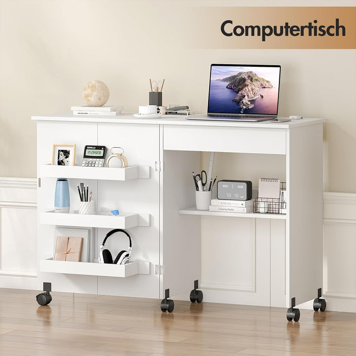 Nähtisch Klappbar, 2-in-1 Nähmaschinentisch, Nähmaschinenschrank mit Offenen Ablagefächern und Rolle