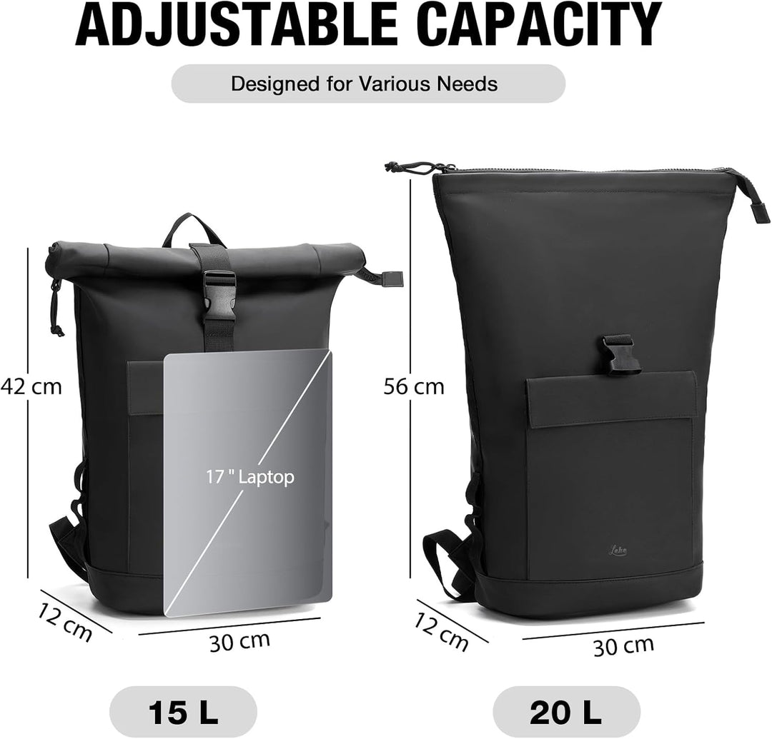 Lekeinchi Rolltop Rucksack Damen & Herren, Elegant Laptop Rucksack Wasserdicht mit 17 Zoll Laptopfac