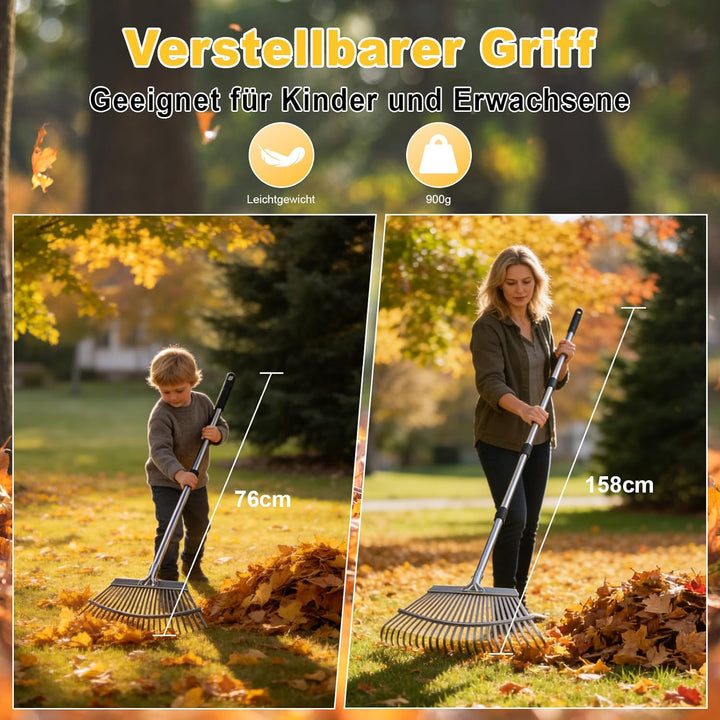 ARTIPOLY Garten laubrechen, Laubrechen mit 25 Metallzinken, 46cm breiter Hochleistungs Rechen, 158 c