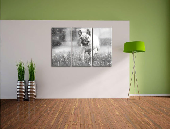 Pixxprint Rennender Mops Kunst als Leinwandbild/Grösse: 3 Teilig (120x80) / Wandbild/Kunstdruck/fert