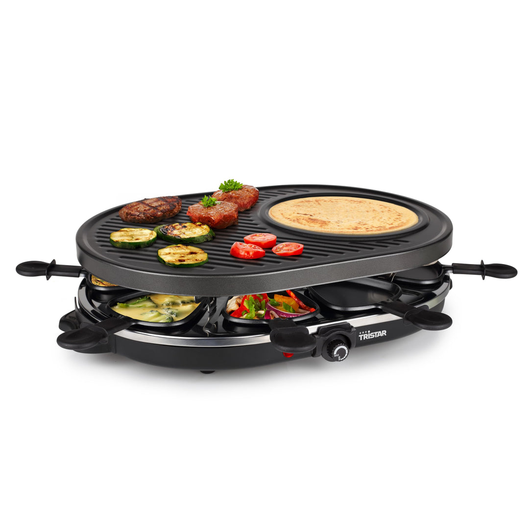 Tristar Raclette für bis zu acht Personen – Grillplatte mit Crêpe-Forme und 8 Pfännchen, RA-2996