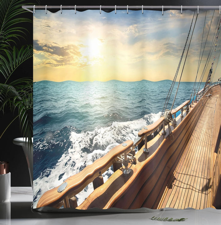 ABAKUHAUS Nautisch Duschvorhang, Segelboot-Sonnenuntergang Meer, Stoffliches Gewebe Badezimmerdekora