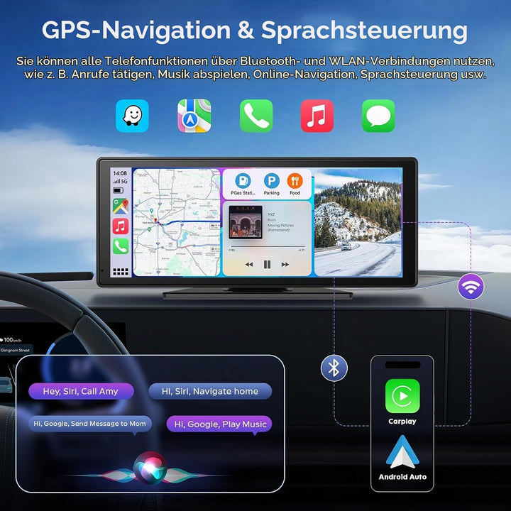 8.88 Zoll CarPlay Display für Apple CarPlay &amp; Android Auto mit 4K Frontkamera &amp; 1080P HD Rückfahrkam