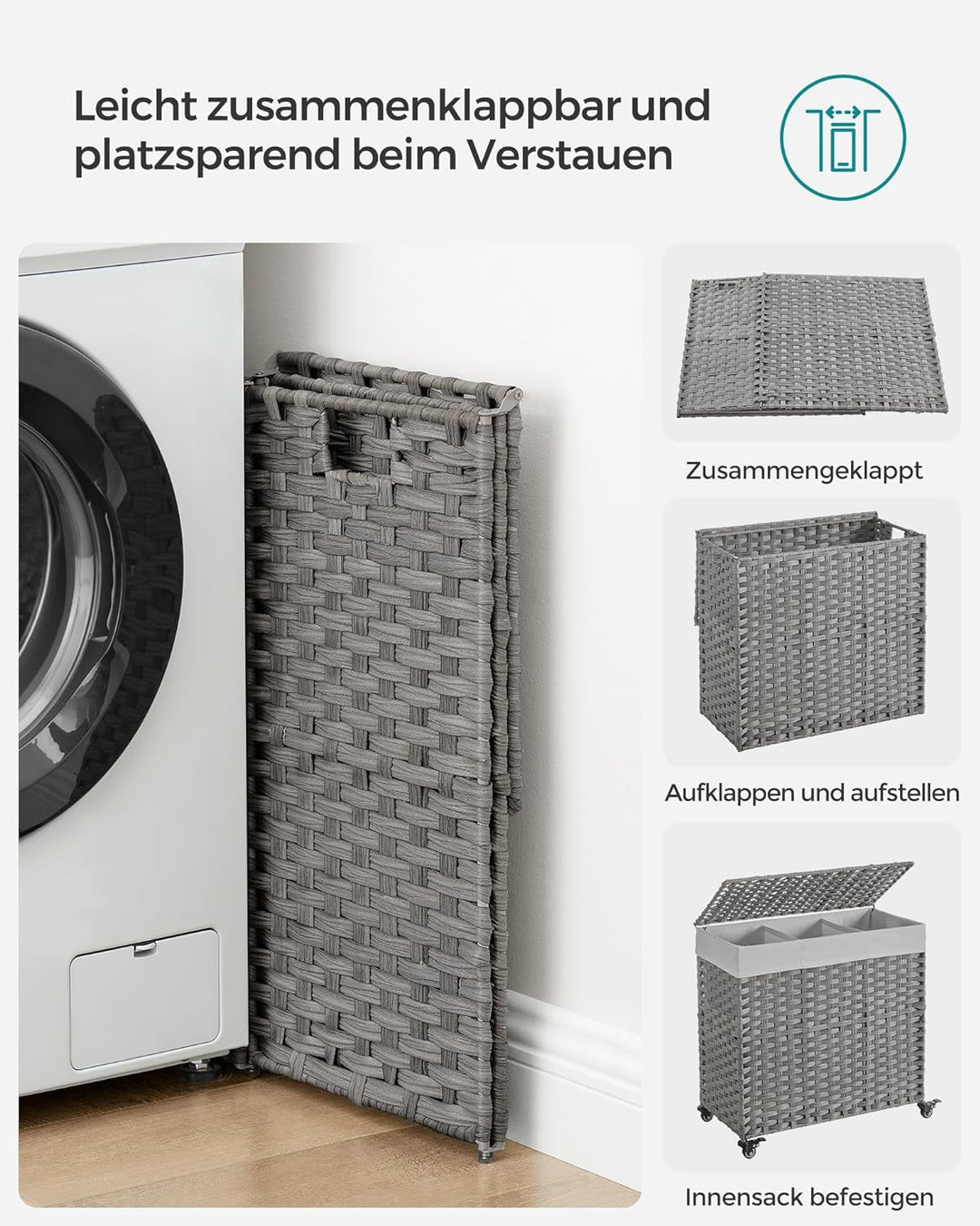 SONGMICS 140L Wäschekorb handgeflochten, Wäschesammler mit Deckel, mit 3 Fächern, faltbar, mit Räder