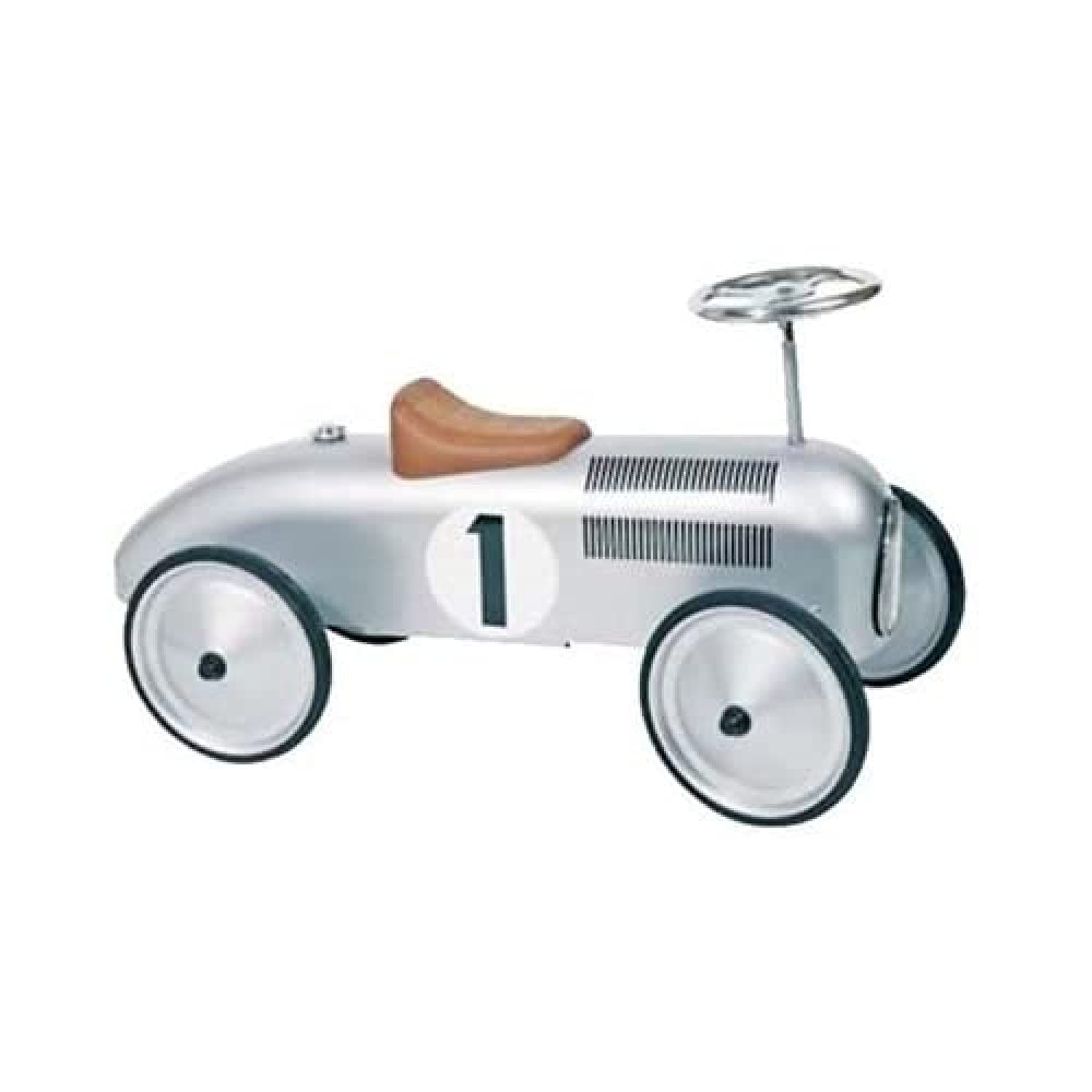 goki 14136 Rutscherfahrzeug Silber aus Metall, nostalgisches Rennauto, 73,5 cm – Retro-Design, Start