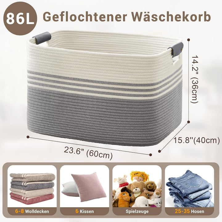 Wäschekorb Geflochten Gross aus Baumwollseil, 86L Aufbewahrungskorb mit Lederhenkeln, Korb für Decke