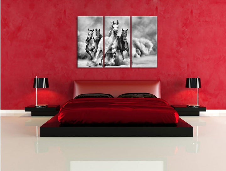 Pixxprint Western Pferde in Wüste als Leinwandbild/Grösse: 3 Teilig (120x80) cm/Wandbild/Kunstdruck/