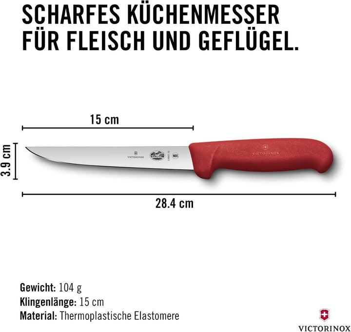 Victorinox Fibrox Ausbeinmesser, Scharfes Küchenmesser für Fleisch und Geflügel, 15 cm, Gerade Kling