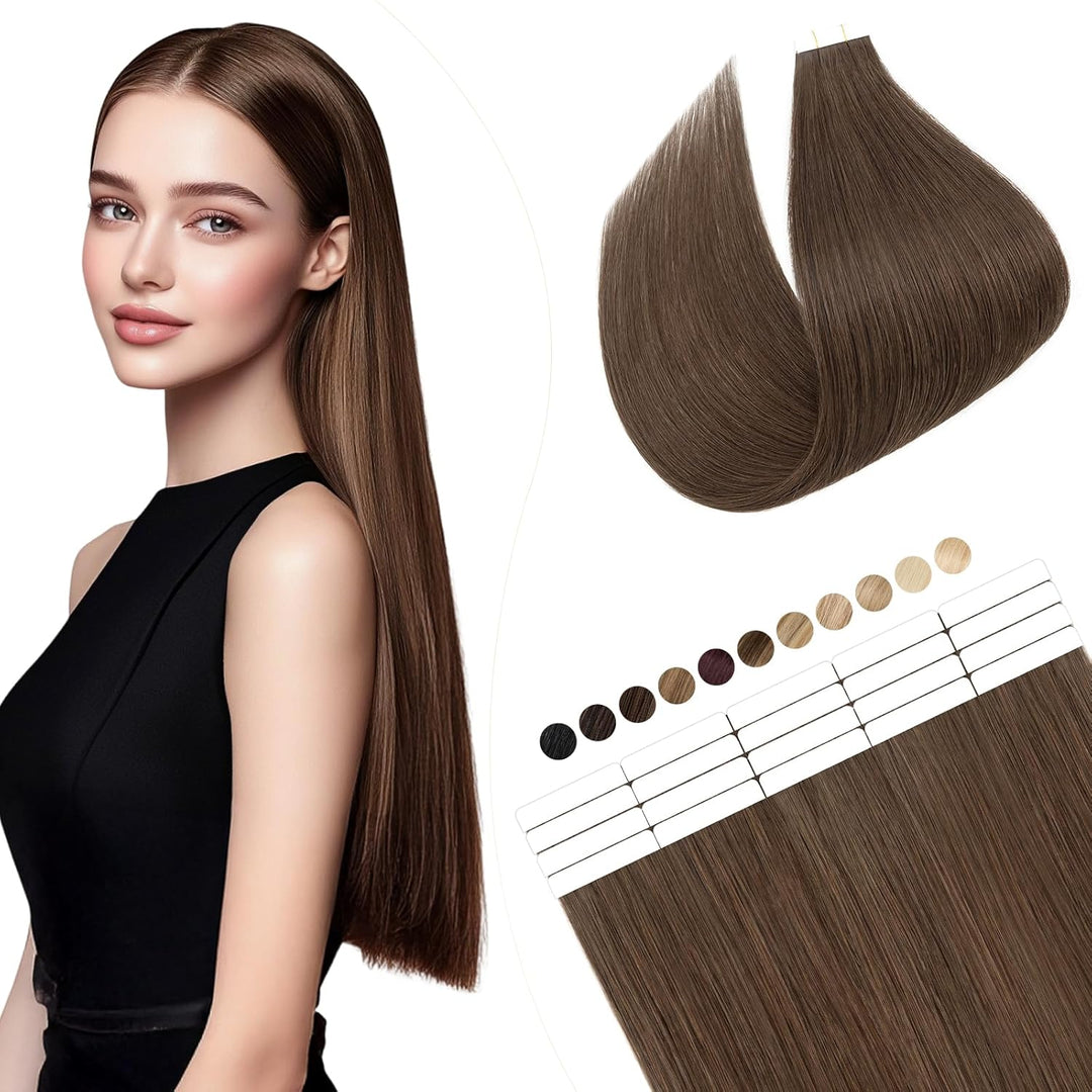 Elailite Echthaar Extensions Tape in 20 Stück Kleberband #2A Leberbraun, 40cm Haarverlängerungen Uns