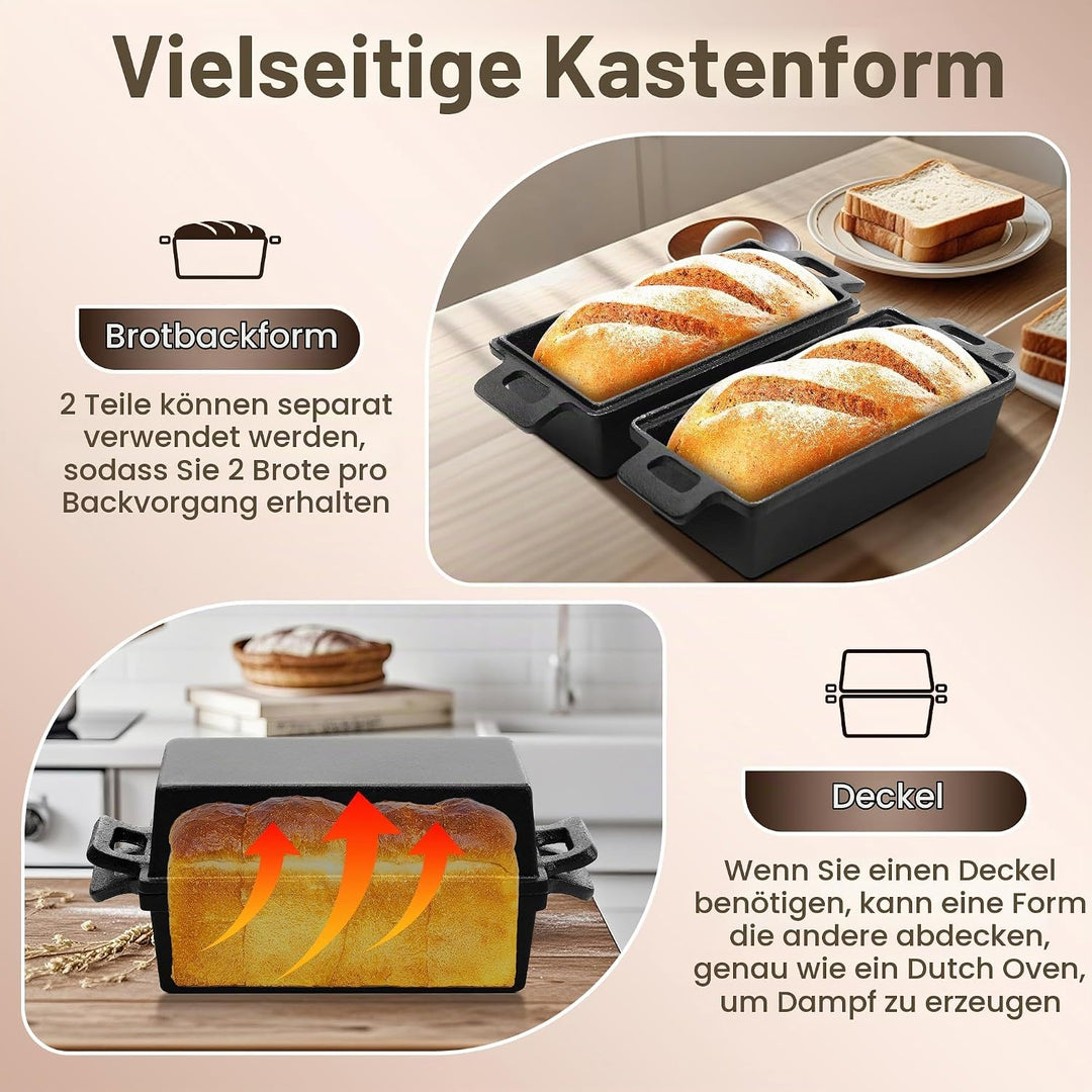 W&amp;H Brotbackform mit Deckel,Gusseisen Topf inkl. Gärkorb, Ideal als Kastenform Brot, Toastbrot Backf