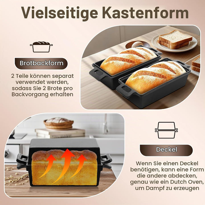 W&amp;H Brotbackform mit Deckel,Gusseisen Topf inkl. Gärkorb, Ideal als Kastenform Brot, Toastbrot Backf
