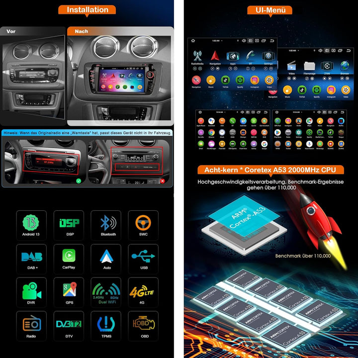 Erisin 7 Zoll Android 14 Autoradio 2Din mit GPS Navi für SEAT Ibiza Unterstützt Bluetooth Freisprech