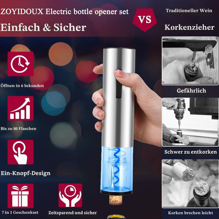 ZOYIDOUX 7-in-1 elektrischer weinkorkenzieher-Geschenkset Edelstahl, elektrischer Weinöffner mit Bas
