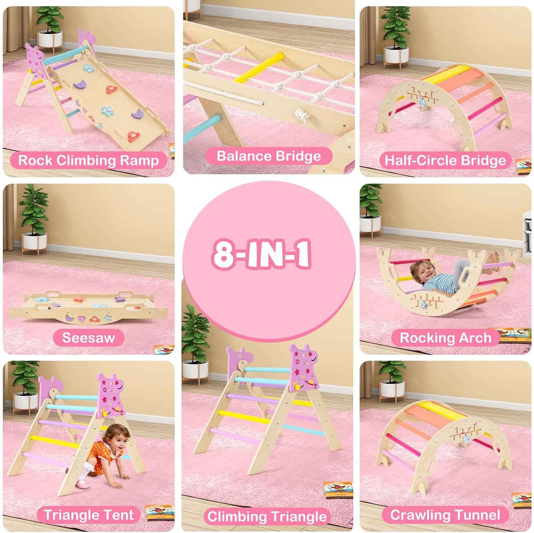 HOMASIS 4 in 1 Kletterdreieck mit Kletternetz, Kletterbogen, Wippe &amp; Leiter, Klettergerüst mit doppe