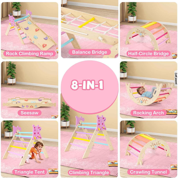 HOMASIS 4 in 1 Kletterdreieck mit Kletternetz, Kletterbogen, Wippe &amp; Leiter, Klettergerüst mit doppe