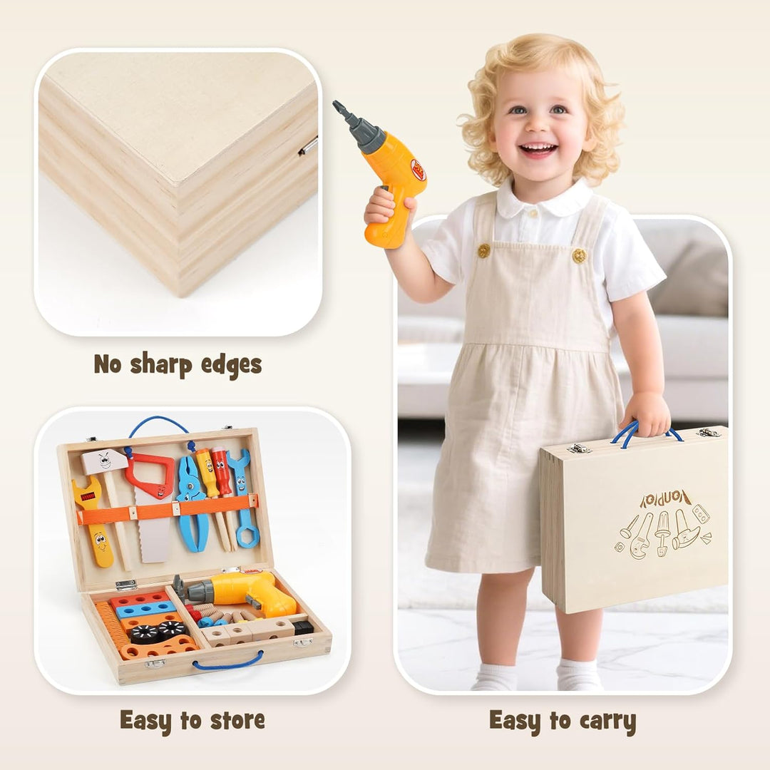 Werkzeugkoffer Kinder Montessori Spielzeug ab 3 Jahre Holzspielzeug mit Akkuschrauber Spielzeug ab 3