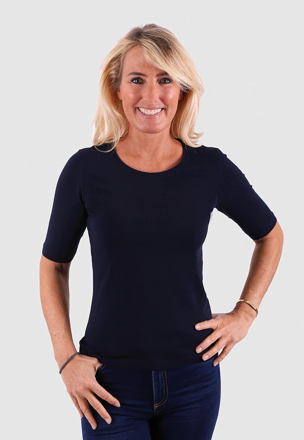10102 Damen Basic Rundhals (Round-Neck) Halbarm Kurzarm T-Shirt/Jersey Tshirt Oberteile, Basics und