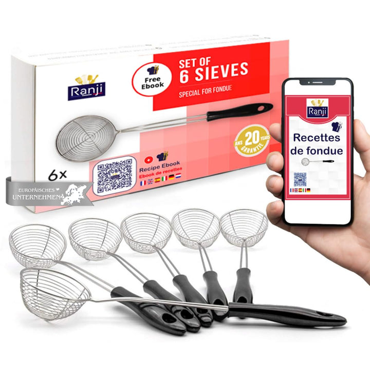 Ranji® Kescher für Fondue, Edelstahl, Pflegeleicht, perfekt für geschmolzene Abende (6 Stück)