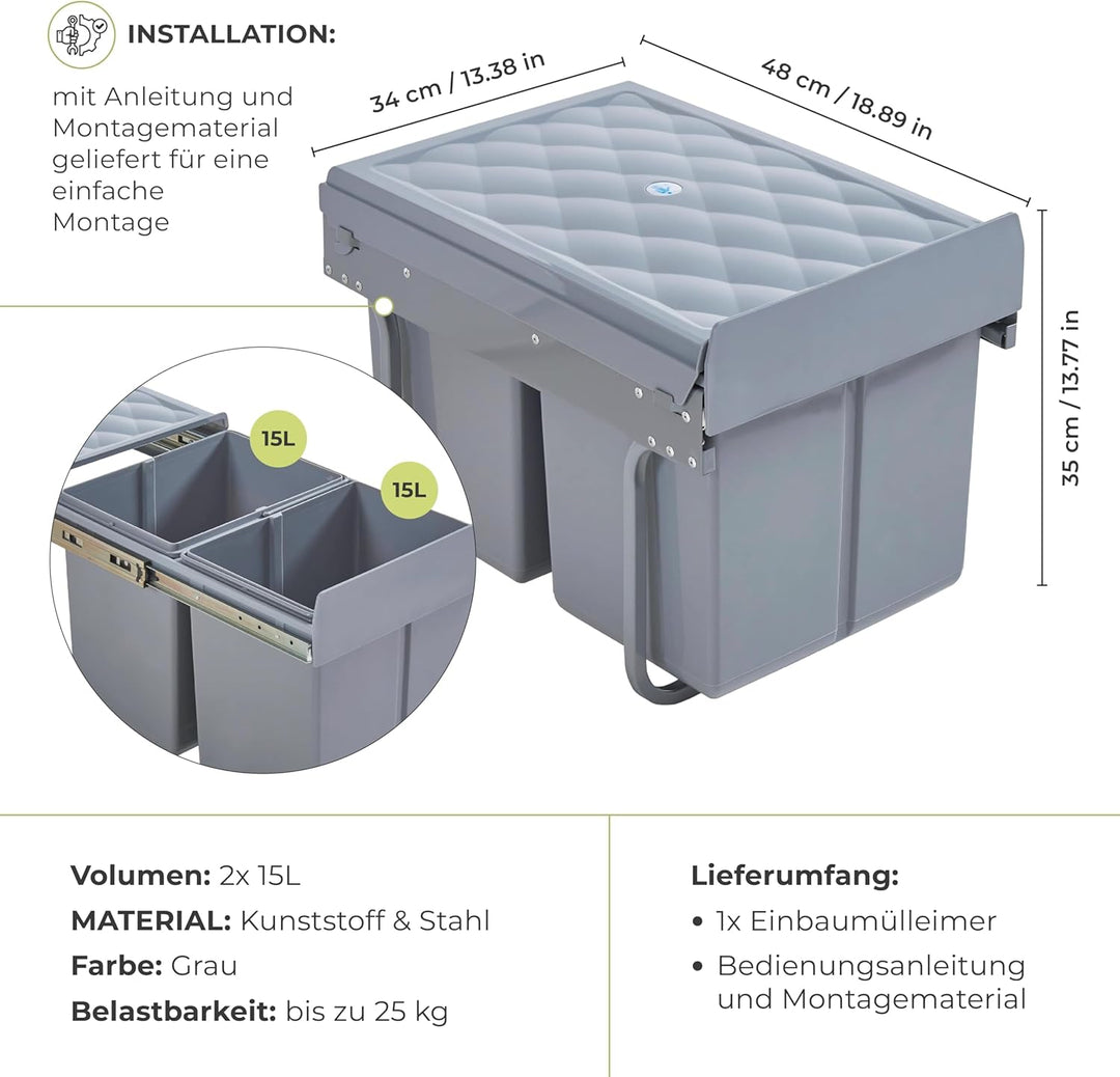 [en.casa] Einbau-Mülleimer Froland Abfallsortierer Ausziehbarer Müllsammler 2 Herausnehmbare Fächer