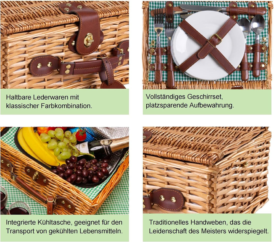eGenuss Handgefertigtes Picknickkorb für 2 Personen mit Kühlfach, Multifunktionsmesser, Edelstahlbes