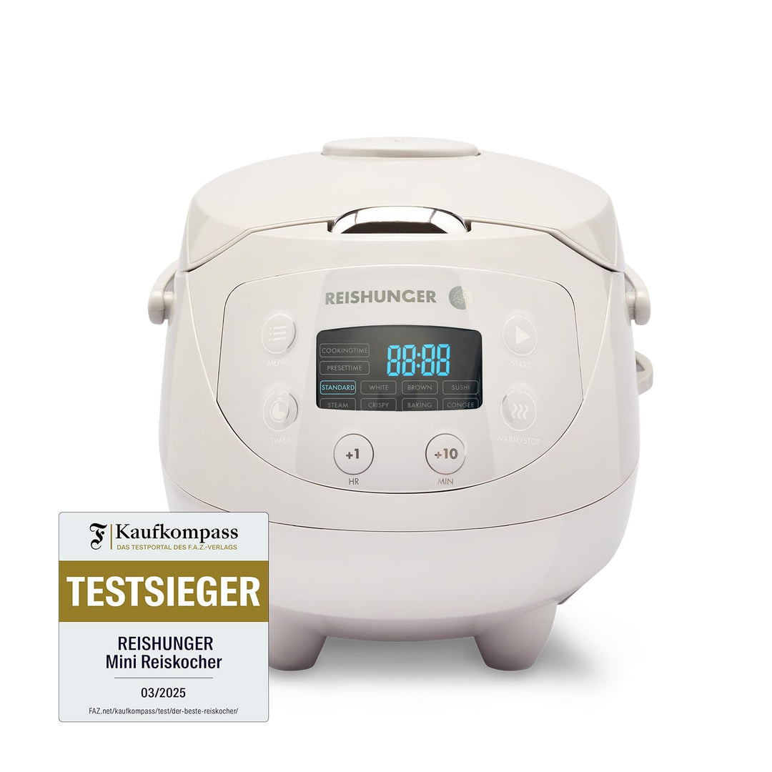 Digitaler Reishunger Mini Reiskocher und Dampfgarer in Grau - Warmhaltefunktion, Timer & Premium Top