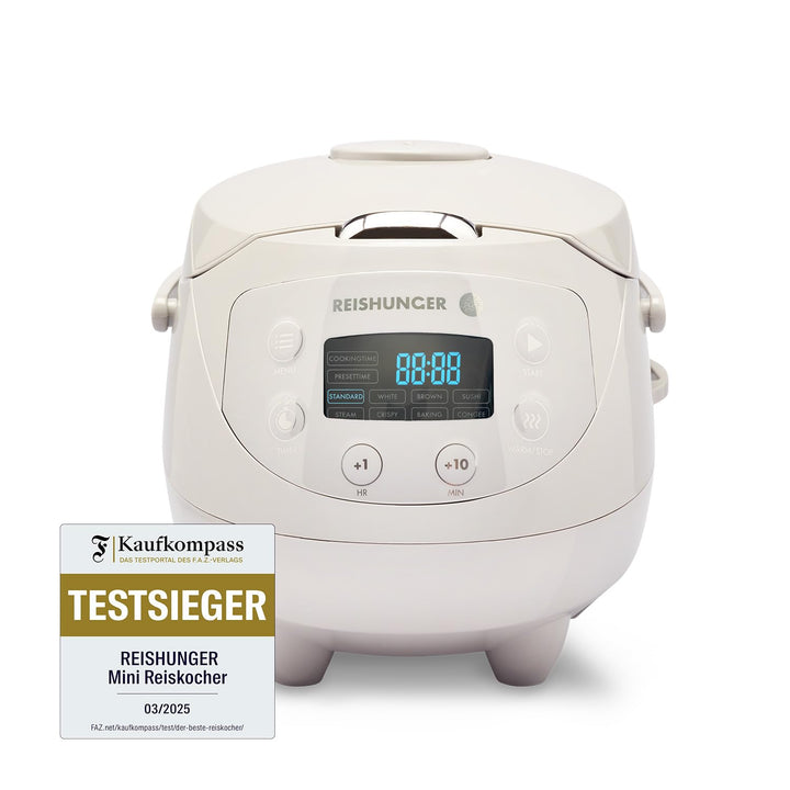 Digitaler Reishunger Mini Reiskocher und Dampfgarer in Grau - Warmhaltefunktion, Timer & Premium Top
