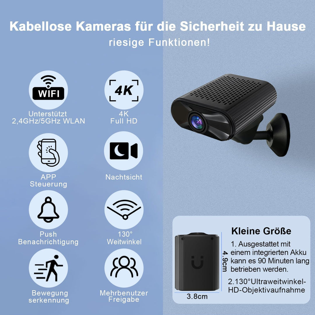 FJJVFF Mini Kamera-4K HD Kleine Kamera-WLAN Mini-Kamera Live Übertragung Handy APP, WiFi Camera mit