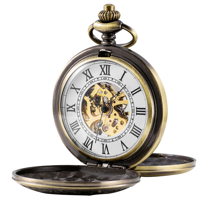 TREEWETO Unisex Taschenuhr mit Kette Analog Handaufzug Doppelscharnier Römische Ziffern Gold/Silber