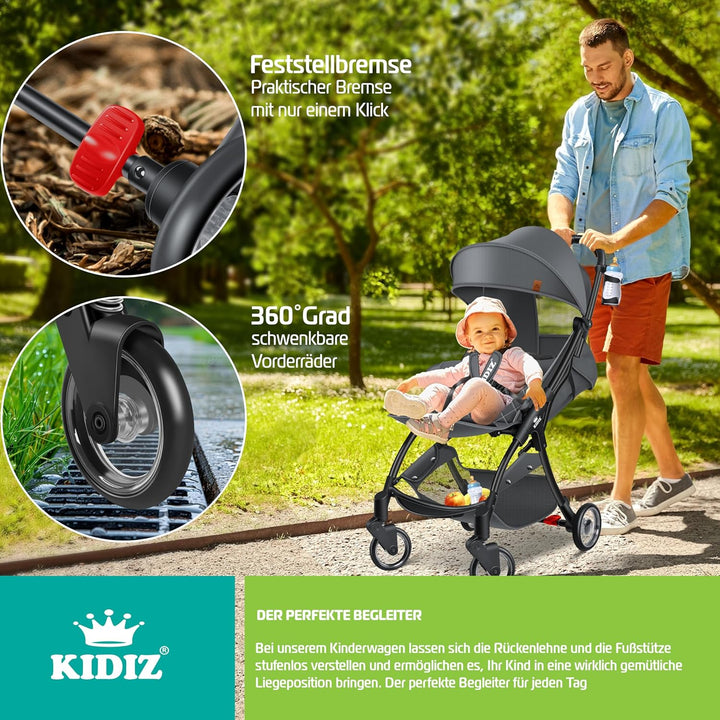 KIDIZ® Kinderwagen Premium Kinderbuggy klappbar Liegebuggy Sportwagen Faltbar 360°Räder 5-Punkt Gurt