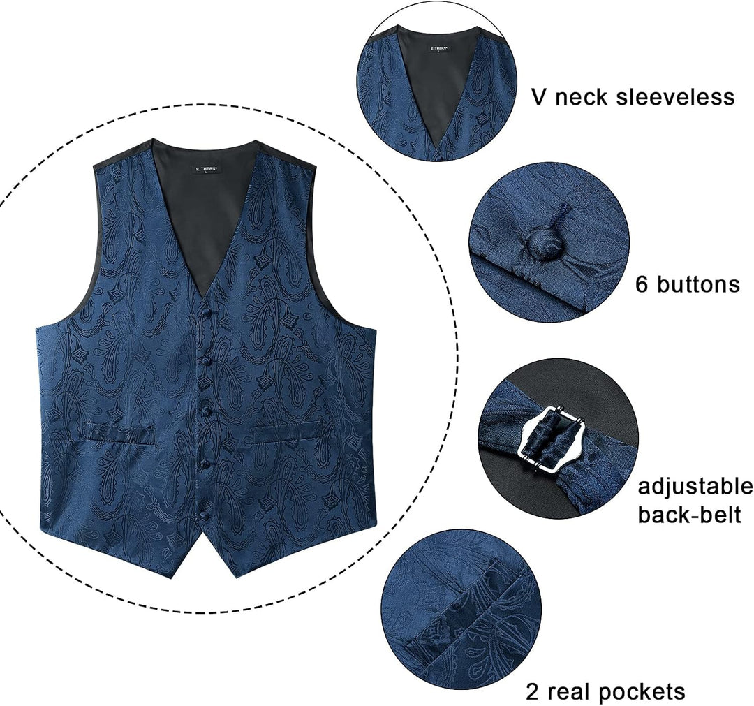 Rithern Herren Weste Paisley Floral Jacquard Seide Krawatte Einstecktuch Taschentuch Set mit Mansche