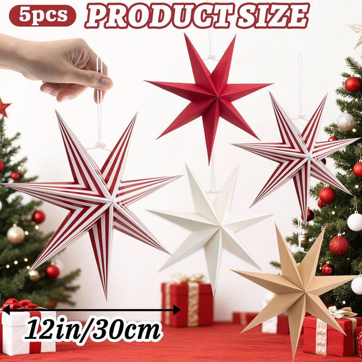Weihnachts Papiersterne Ornamente Set - 5 Stück 3D Faltbare Hängende Sterne in Rot, Weiss, Braun und