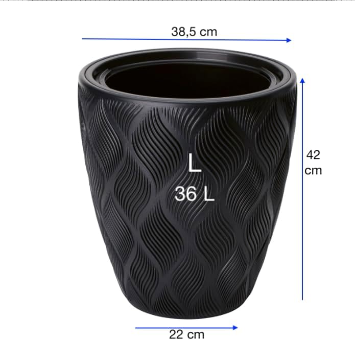 MELTOM Blumentopf mit Bewässerungssystem Rund Niedrig 3D Effekt Dekorativ, Farbe: Schwarz, DxH: 39 x
