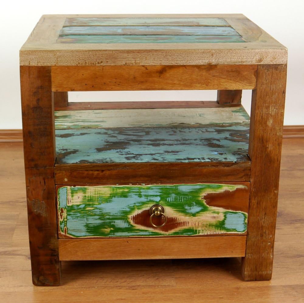 livasia Teakholz Nachtschrank aus Java | Recyceltes buntes Bootsholz | Asiatische Möbel | Designer M